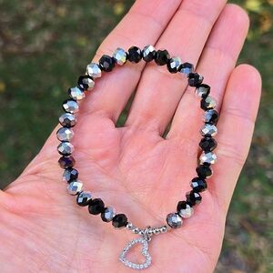 Black and Silver Beaded Bracelet with Heart Charm